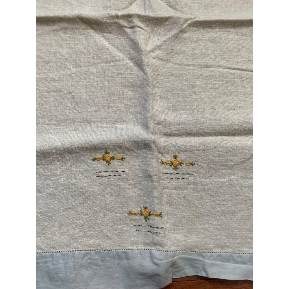 Vintage Hand Embroidered Linen Towel Yellow Rose Trim 16
